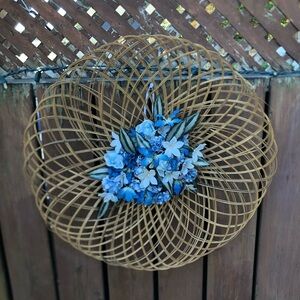 Vtg Woven Wall Decor with Blue Faux Florals